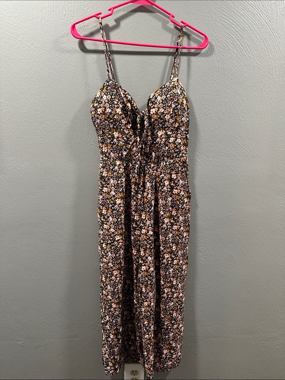 Floral Spaghetti-Strap Maxi Dress in Black with Pink & Cream Flowers